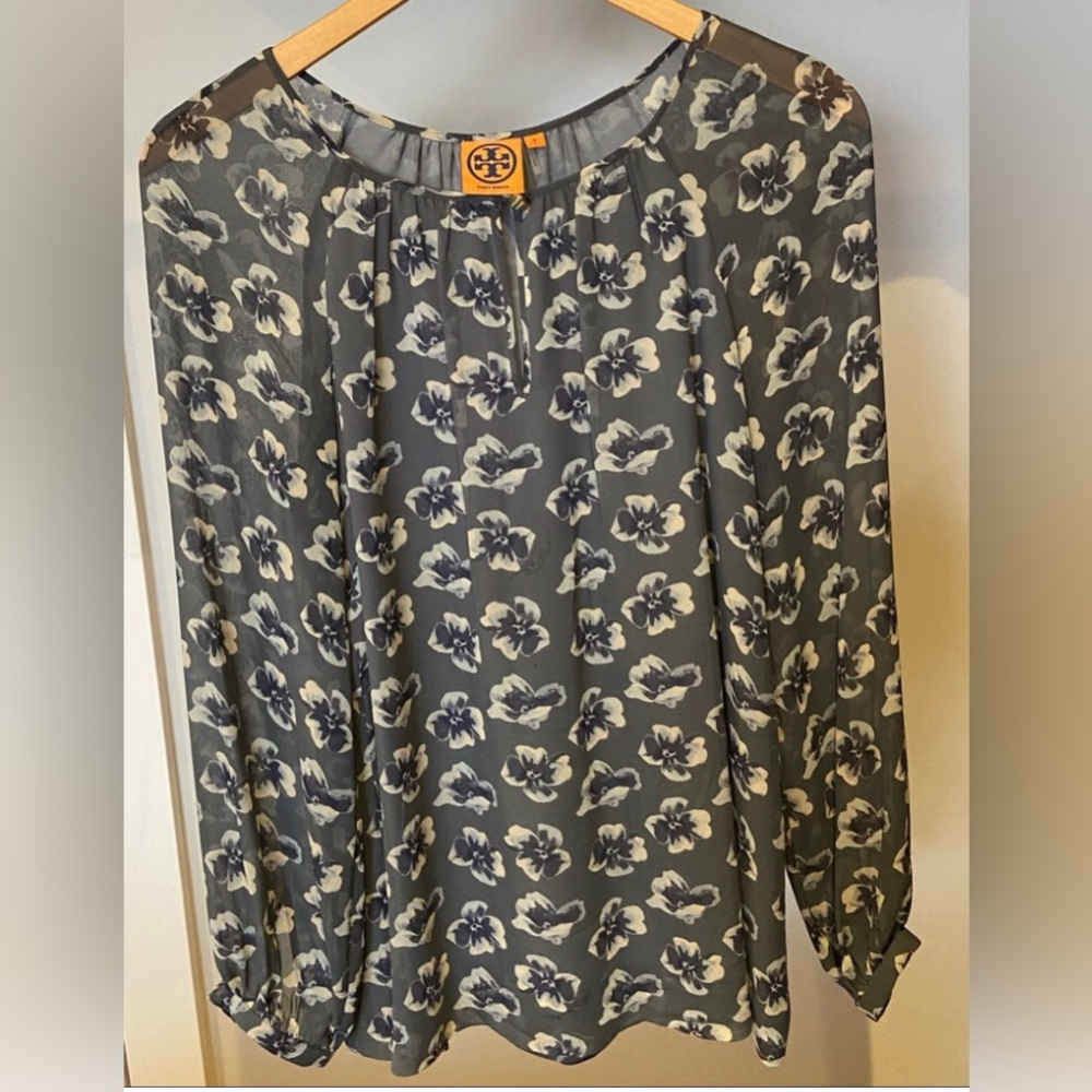 Tory Burch flower print silk top.